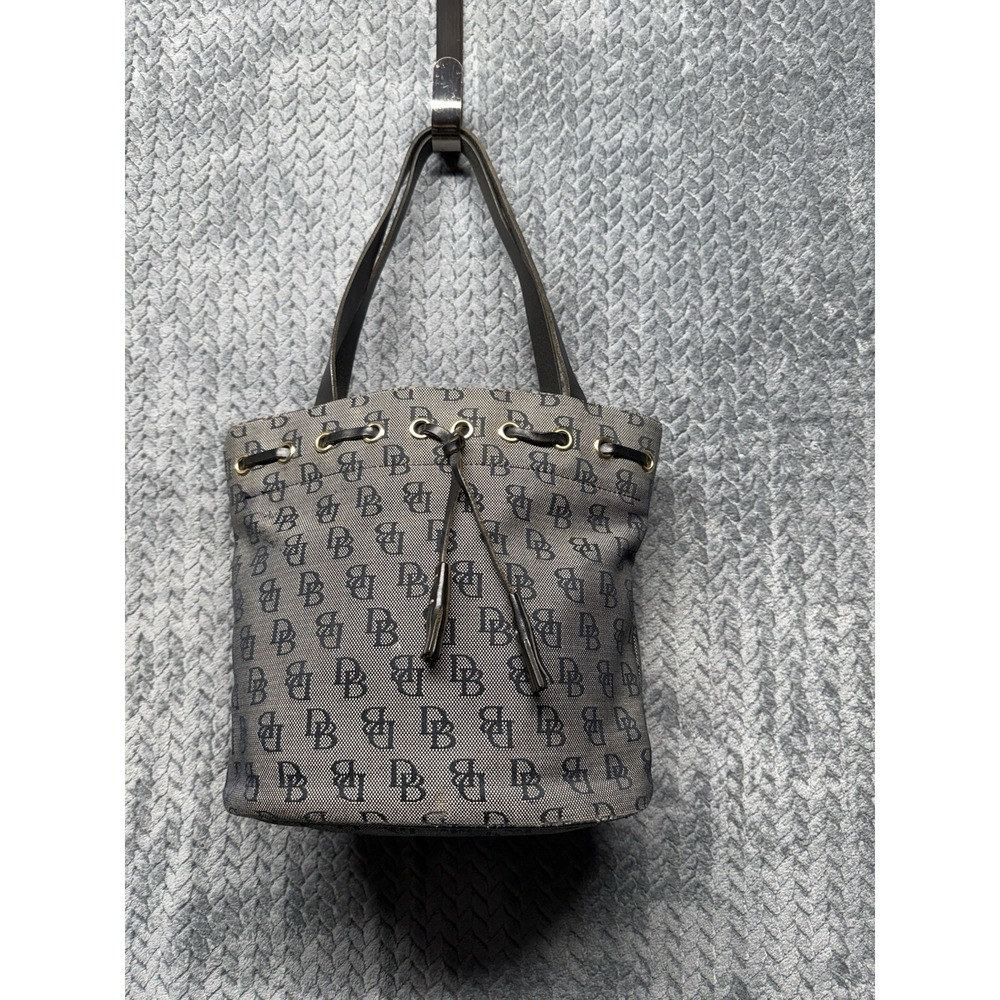 VTG Dooney & Bourke Monogram Canvas Drawstring Bucket Bag Tan‎ Black READ
